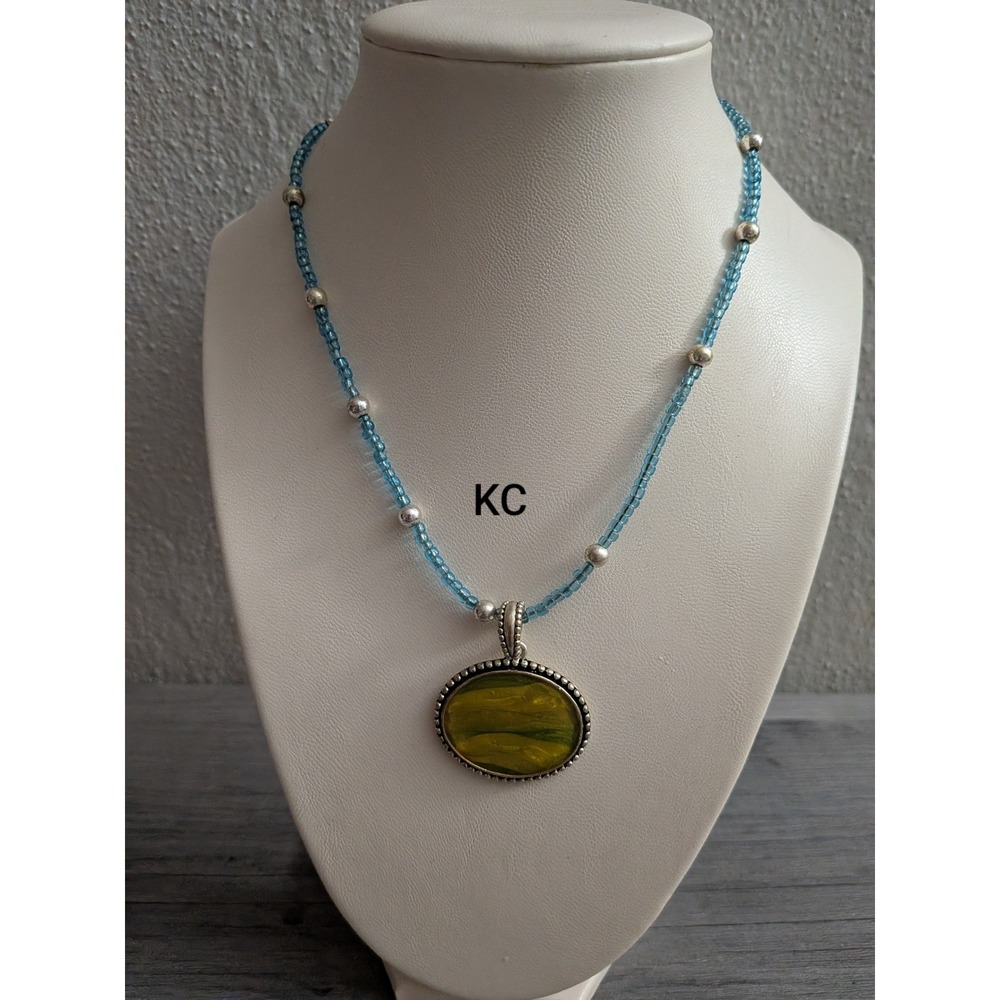 Boho Blue Beaded Necklace Yellow Green Oval Pendant Silver Tone Accents